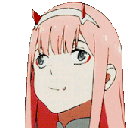Zero Two with pink hair and red horns sticking her tongue out playfully.