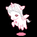A small white unicorn with pink accents winks while floating in the air.