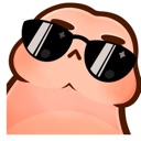A pink blob character wearing black sunglasses with a smug, cool expression.