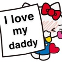 Hello Kitty character blushing while holding a sign that says I love my daddy.