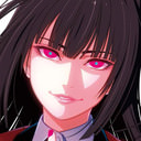 Anime girl with long black hair and glowing pink eyes wearing a sinister, smug smirk.