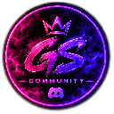 A circular logo featuring the letters GS topped with a crown, glowing in shades of pink and purple against a dark background.