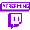 Twitch logo icon with the word streaming in a pixelated purple font.