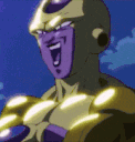 A golden alien character with a purple face laughing with an open mouth in a repeating animation.