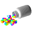A gray bottle tipped over spilling a pile of small, rainbow-colored round tablets.