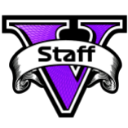 A purple letter V with a white ribbon banner across it displaying the word Staff in black text.