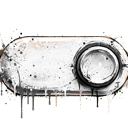 A white, pill-shaped button with a circular black dial on the right side, featuring a distressed and paint-splattered textur…