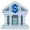 Bank building icon with a blue dollar sign on the front and a red accent on the side.