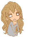 A girl with long wavy hair looking tired and weary with a small puff of smoke appearing next to her head.