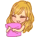 Anime girl with blonde hair happily hugging a pink pillow surrounded by floating hearts.