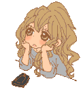 Anime girl with wavy hair resting her chin on her hands and looking up with a question mark appearing above her head.