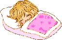 A blonde anime character sleeping peacefully in a bed with a pink blanket.