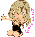An anime girl with blonde hair yawning and stretching her arms while sitting down.