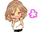 A girl with brown hair in a white shirt expressing frustration with a pink steam puff animation.
