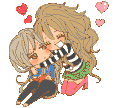 Two anime-style girls with long hair hugging each other while surrounded by small pink and red hearts.