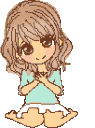 Anime girl with brown hair and a light blue shirt sighing with relief while blushing.