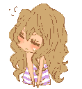 A girl with long curly brown hair looking down with a bashful and annoyed expression.