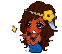 A tanned girl with a flower in her hair winks and makes finger guns with Japanese text next to her.