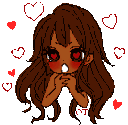 Girl with brown hair and heart-shaped eyes blushing with hearts floating around her.