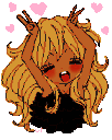 A tan-skinned girl with blonde hair flashing double peace signs with a joyful expression, surrounded by floating pink hearts.