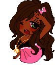 A pixel-art girl with long brown hair and a pink skirt alternates between a shocked expression and a smug grin.