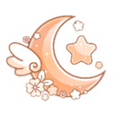A pink crescent moon decorated with small white flowers and a single wing, accompanied by a small star.