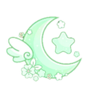 Crescent moon with wings, a star, and flowers in a light mint green color.