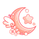 A pink crescent moon decorated with white flowers, a small wing, and a star.