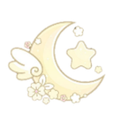 A white crescent moon decorated with a small wing, a star, and flowers.
