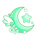 A mint green crescent moon with white wings and small flowers attached to it.
