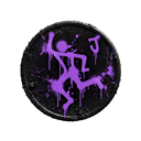 A stylized purple figure in a dynamic dancing pose against a black, ink-splattered circular background.