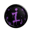 A circular black badge featuring a purple graffiti-style letter I and a smaller lowercase j with paint splatters.