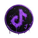A purple graffiti-style music note icon centered on a dark, textured circular background.