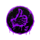 A purple graffiti-style thumbs up hand sign with paint drips on a black circular background.