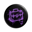 A neon purple line-art briefcase with a dripping paint effect on a dark circular background.