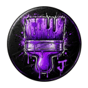 A stylized purple paintbrush dripping with paint on a dark circular background.