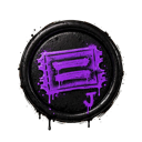 A purple graffiti-style symbol inside a dark circular frame with a small letter J in the corner.