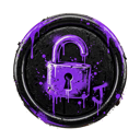 A purple padlock with paint dripping down its surface against a dark background.