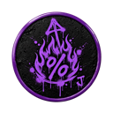 A purple percent sign surrounded by stylized, dripping flames on a dark circular background.