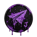 A paper airplane icon with purple paint drips and the letter J on a black circular background.