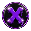 A glowing purple letter X with a dripping paint effect set inside a black circular frame.