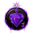 A glowing purple diamond set inside a dark circular frame with a small starburst at the top.