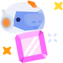 A small white and blue robot holding a large, sparkling pink crystal.