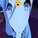 Anime girl with blue hair shown in a distorted wide-angle perspective with a surprised emoji on her forehead.