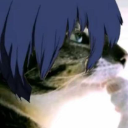 A cat with a blue anime-style wig looking intensely toward a bright light.