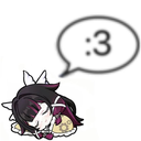 An anime girl sleeping with a speech bubble above her head containing a :3 emoticon.