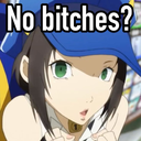 Anime girl with a blue hat looking smug with the text No bitches? overlaid.