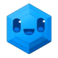 Blue hexagon with a wide, happy smiling face.