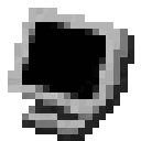 Computer monitor with a pixel art style cycling through black and static screen patterns.