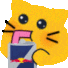 A small yellow cat-like creature with a happy expression drinking from a blue and red can with a pink straw.